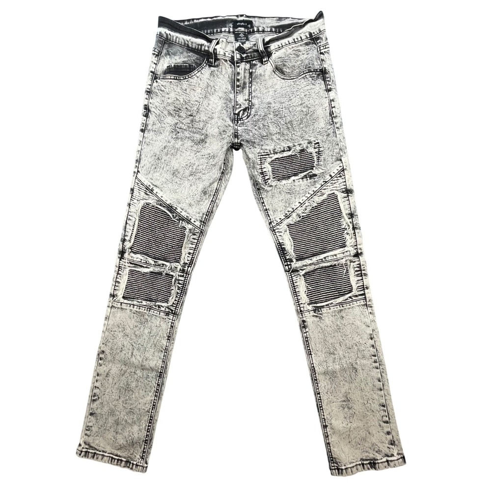 Kayden K Grey Jeans Acid Wash Moto Biker Slim Fit Men 32 Y2K